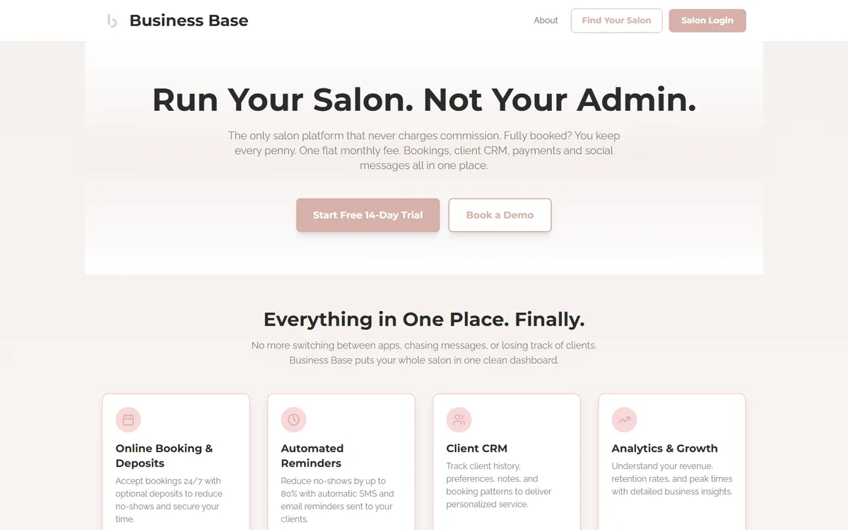 Startseite der Buchungsplattform Business Base