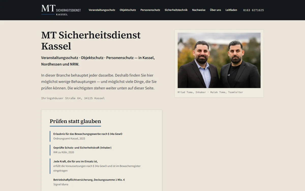 Startseite der Website von MT Sicherheitsdienst Kassel