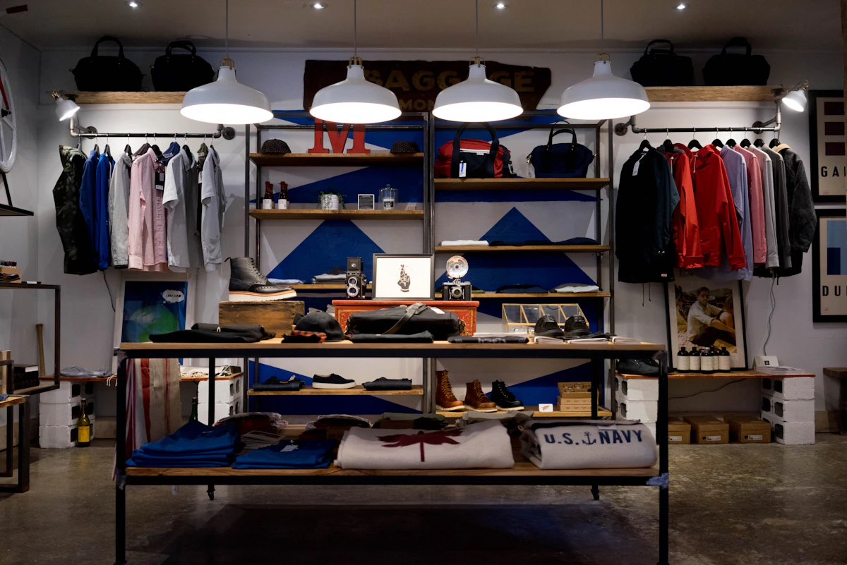Clothing boutique with shirts and jackets on rails, bags on shelves and folded sweaters on a table